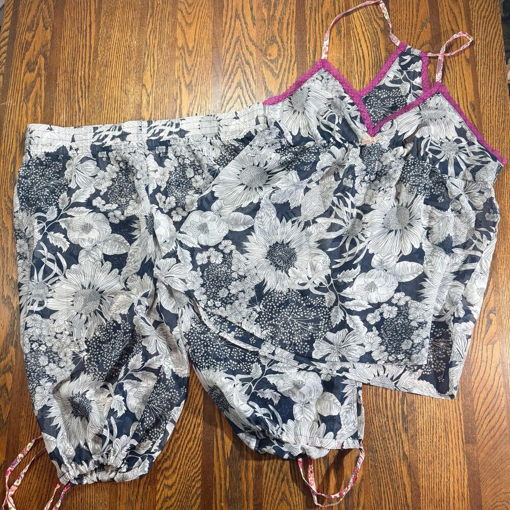 Liberty Floral Pajama Set Camisole & Pants Navy Flower Print Purple Lace Trim XL